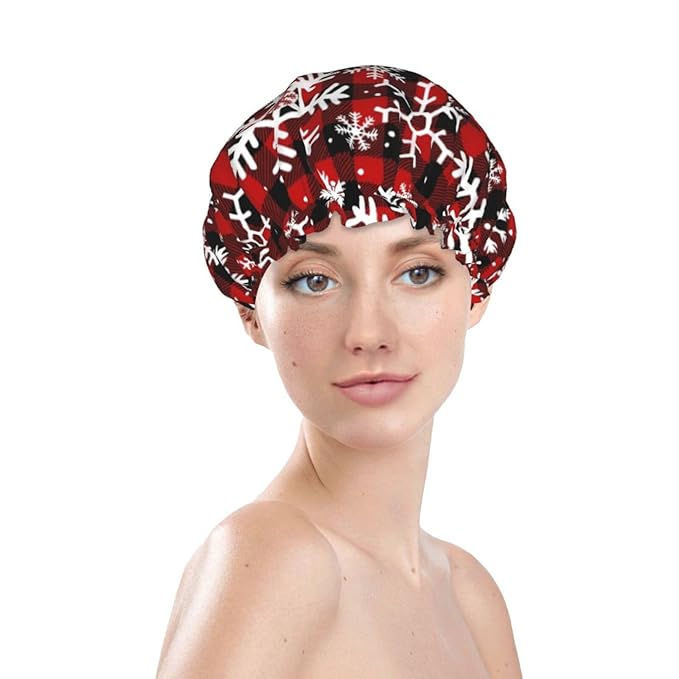 Christmas Snowflakes Shower Cap For Women Reusable Waterproof Double Layers Bath Cap Hair Protection Elastic Ladies Spa Salon Shower Hat