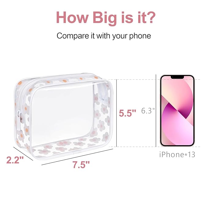 PACKISM TSA Approved Toiletry Bag - White Flower Print Clear Makeup Bag, Suitable for Gifts, with Supporting Frame, Perfect Valentines Day Gifts for Her, Thick No Smell