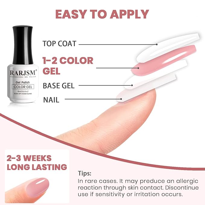 RARJSM Nude Gel Polish Sheer Rose Pink Gel Nail Polish Clear Pink French Manicure Nude Pink Jelly Nail GelPolish Varnish Curing Requires 1pcs 15ml LED UV Gel Soak Off for Home Salon Nail Art DIY