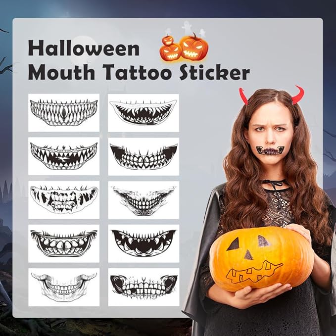 Halloween Prank Makeup Temporary Tattoo, Halloween Face Tattoos Scary Big Mouth Temporary Tattoo for Adults Kids (12 Pcs)