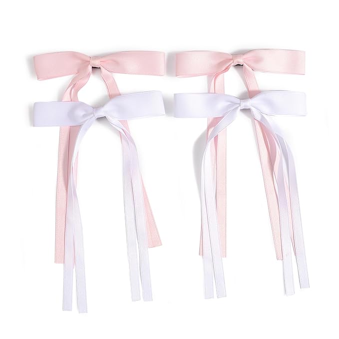 4 PCS Tassel Ribbon Bowknot Hair Clips With Long Tail for Women Girl Teens Kids, Solid Holder Fashion Bow Bowknot Hair Accessories Headwear Barrettes Claw(Pink&White)