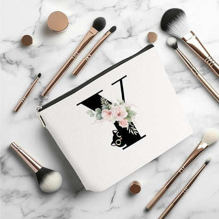 Floral Cat Initial Makeup Bag, Personalized Skin Care Bag, Travel Organizer Toiletry Bags for Women Mom Friends, Cosmetic Bags Makeup Pouch with Zipper, Letter Y