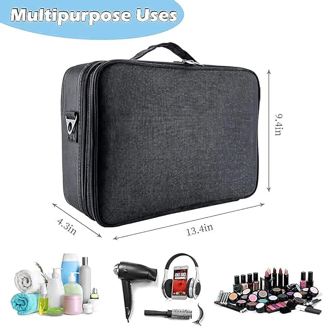 gzcz Travel Makeup Train Case 13.5 Inches Professional Makeup Bag Portable Cosmetic Case Organizer Brush Artist Storage Bag With Adjustable Dividers for Make Up Accessories (M-Black)