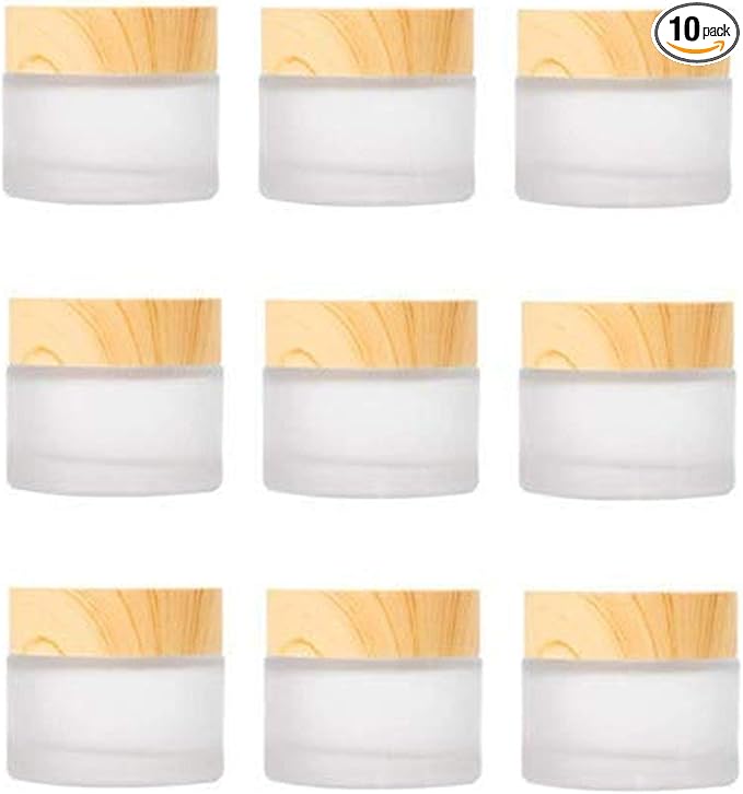 10 Packs 15ml/15g Empty Sample Jars Frosted Glass Cream Jar Bottle with Wood Grain Lid Cosmetic Containers Glass Cream Box Refillable Glass Cream Jar Pot for Makeup Lotion Face Eyeshadow