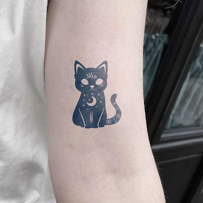 Mystical Black Cat Temporary Tattoos – 4 Unique Moon & Sun Designs, Mystical and Fantasy-Inspired, Realistic & Long-Lasting for Adults