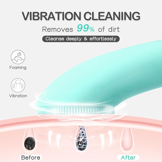 PRITECH Silicone Face Scrubber, Rechargeable Facial Cleansing Brush with Heat Massage End, Vibrating Exfoliator Scrubber for Deep Cleaning, Waterproof Face Brush for Women and Men (Green)
