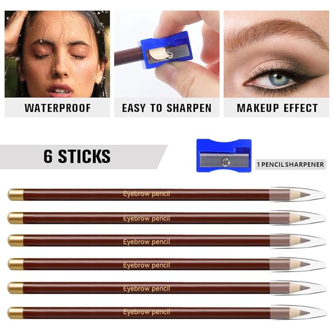 6Pcs Light Brown Eyebrow Pencils for Women,Wooden Hard-Core Eyebrow Eyeliner Pencil,Sharpener Included,Long Lasting Waterproof Sweat-proof Create a Natural Eye Brow Makeup,Beginner Brow Pencil