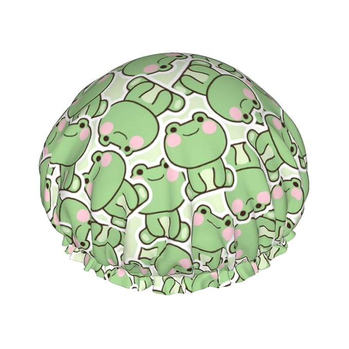 Cute Frogs Shower Cap For Women Reusable Waterproof Double Layers Bath Cap Hair Protection Elastic Ladies Spa Salon Shower Hat