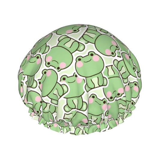 Cute Frogs Shower Cap For Women Reusable Waterproof Double Layers Bath Cap Hair Protection Elastic Ladies Spa Salon Shower Hat