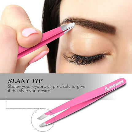 Amorux Eyebrow Tweezers For Women Facial Hair Professional hair removal Stainless Steel Tweezers for Ingrown Facial Hair, Splinter, and Daily Beauty (Black) (Pink)