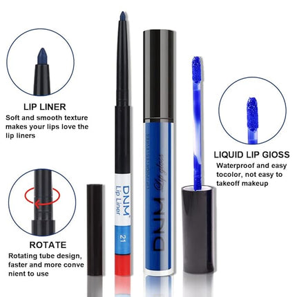 evpct 2Pcs Royal Light Blue Matte Liquid Lipstick and Lip Liner Pencil Makeup Set Blue Lipstick 24H and with Lip Liner Set Waterproof Long Lasting labiales mate 24 horas originales 21#