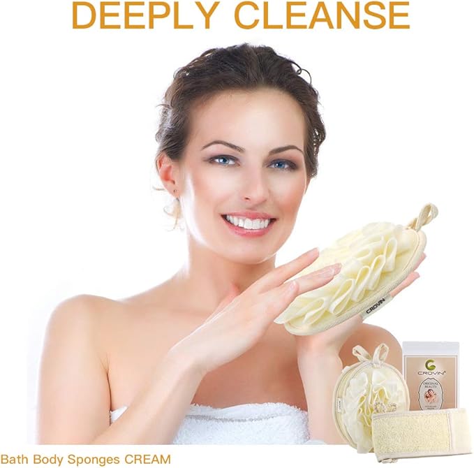 Mesh Pouf Body Sponge Set - Redesign Bath Loofahs Shower Puffs 2 Pack & Exfoliating Natural Loofah Back Scrubber. How to - Great Gift for A Glowing Skin & Healthy Body