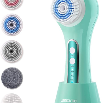 Electric Facial Cleansing Brush, 2-Way Rotating Face Scrubber for Daily & Deep Cleaning, 3 Modes, 5 Brush Heads, Rechargeable, IPX7 Waterproof for All Skin Types