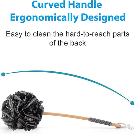 AmazerBath Shower Sponge Loofah Back Scrubber, PE Soft Mesh Loofah Body Scrubber with Long Wooden Handle, Bath Sponge for Men Women (Black)