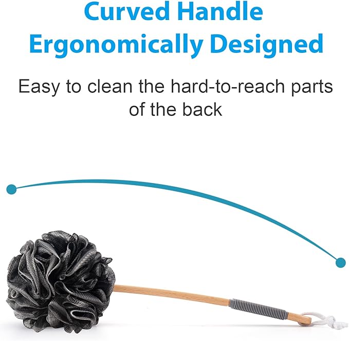 AmazerBath Shower Sponge Loofah Back Scrubber, PE Soft Mesh Loofah Body Scrubber with Long Wooden Handle, Bath Sponge for Men Women (Black)
