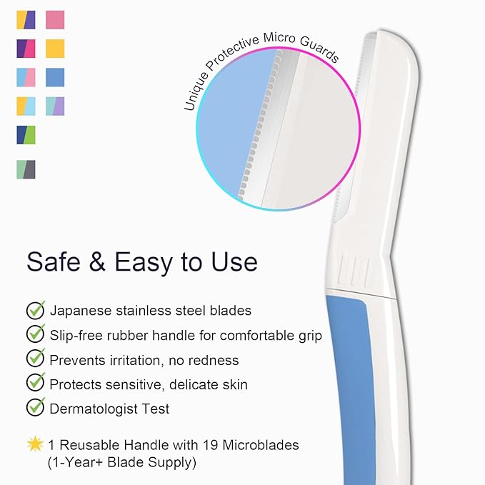 Dermaplane Razor - Facial Razor for Women - Dermaplaning Tool, with 19 Microblades for Face, Peach Fuzz Remover, Remove Facial Hair for Smoother Skin and Perfectly Shape Brows, Aegean Frost
