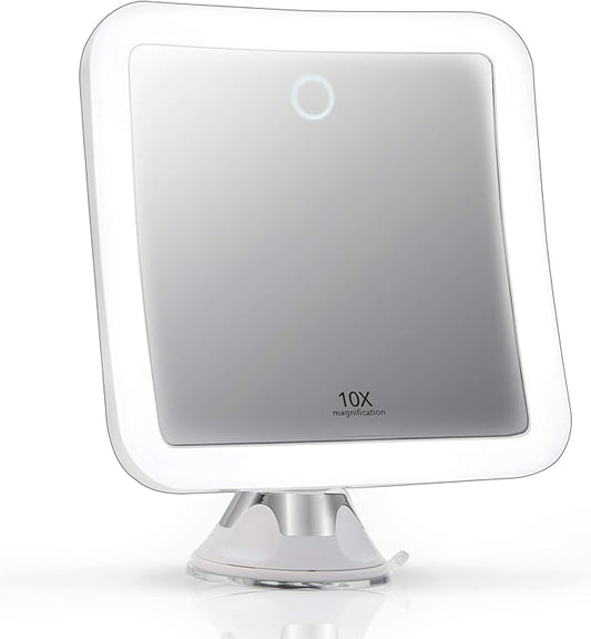Fancii Rechargeable 10x Magnifying Mirror with 3 LED Light Settings, Dimmable Touch Light, Cordless, Locking Suction Mount, Lighted Mirror for Bathroom or Travel, Mira 2 (White)