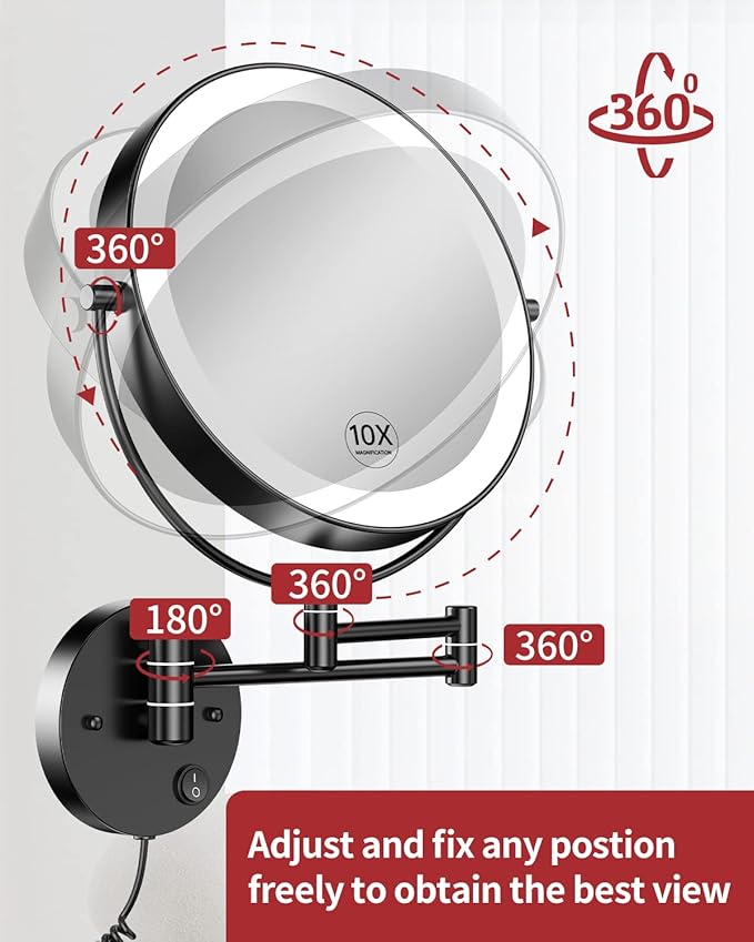 Gospire 9” Wall Mounted Lighted Magnifying Mirror, 1X/10X Magnification Double-Sided LED Bathroom Mirror, 3 Color Lights & Stepless Dimming with Touch Sensor, Extendable Arm 360° Swivel for Shaving