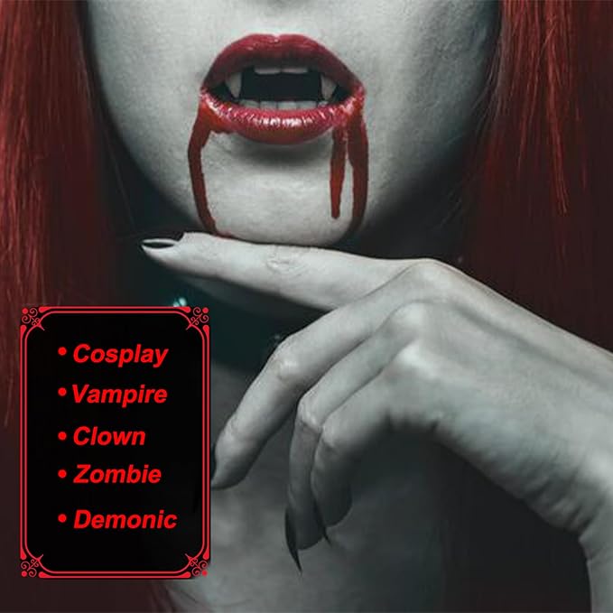 Fake Blood + Vampire Teeth Halloween Makeup Set, 1 OZ Washable Bright Fake Blood, Halloween White Teeth Fangs Teeth for Halloween Cosplay Party Favors