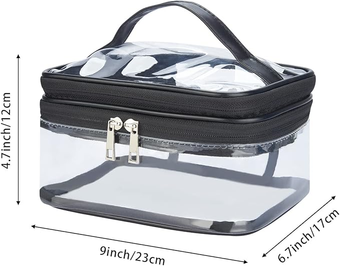 Double Layer Clear Cosmetic Bag Makeup Bag, Waterproof Travel Toiletry Bag, Transparent PVC Hair & Nail Accessories Pouch Beach Bag Organizer (Black)