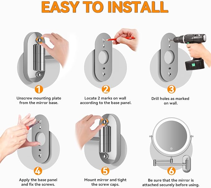 1X/20X Wall Mounted Makeup Mirror with Light, 8" Rechargeable Double-Sided Magnifying Mirror, Vanity Mirror Dimmable 3 Color Light, 360° Extension Rotation Foldable 14.5 Inch Arm, Chrome