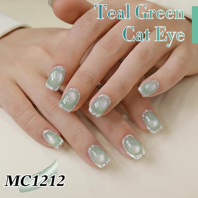 Double Rhythm 0.5 OZ Cat Eye Gel Polish with Magnet 15ML Holographic Glitter Shimmer Translucent Jelly Color Magnetic Nail Polish Salon DIY at Home (Light Green-MC1212)