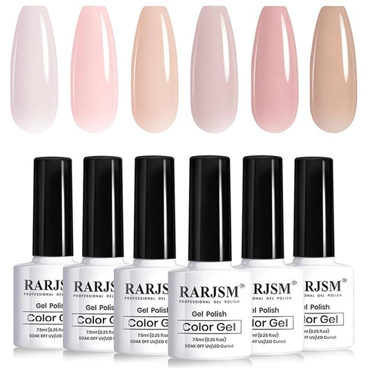 RARJSM Nude Gel Nail Polish Sheer Jelly Gray Pale Pink Gel Polish Set of 6 Transparent Colors Clear Light Brown Gray Purple Neutral Nuded Nail Varnish LED UV Curing Requires 7.5ml for Home Salon