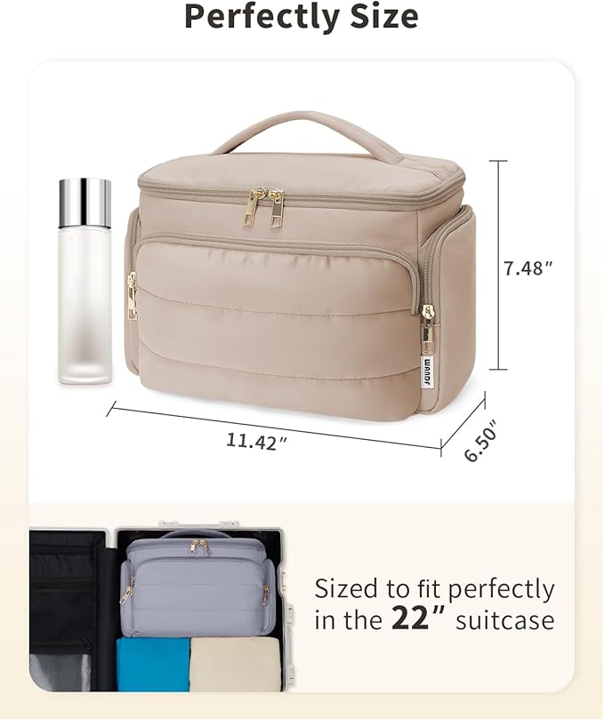 WANDF Travel Toiletry Bag for Women, Wide-open Large Makeup Bag with Handle, Puffy Makeup Organizer for Toiletries, Cosmetics, Accessories, Essentials (Light Khaki)