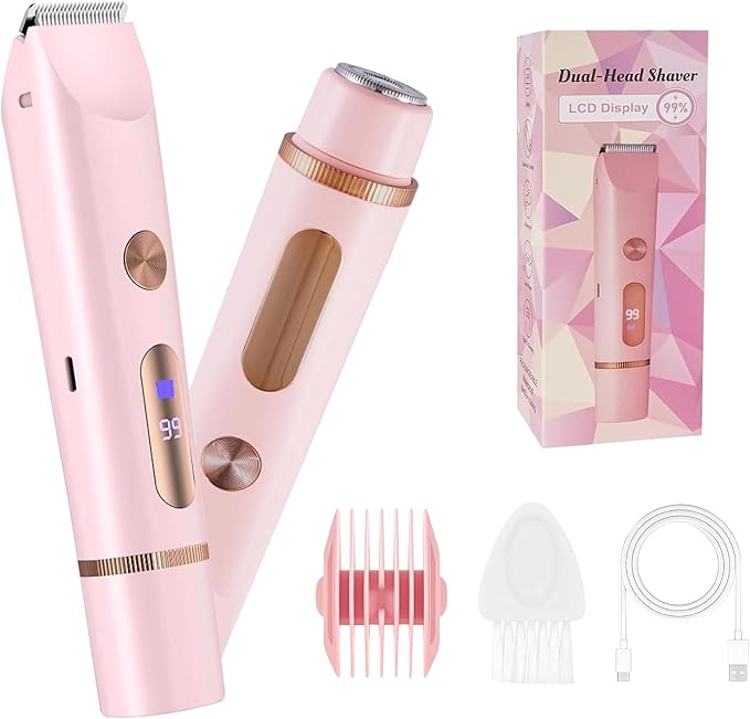 2 in 1 Women Electric Shaver Dual Head Bikini Trimmer for Women, IPX7 Waterproof Wet & Dry Use Painless Electric Razors for Silk Skin, Bikini Underarm Leg Arm Body Face, Pink