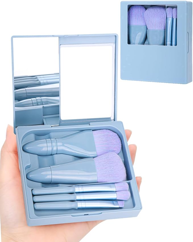 Travel Size Makeup Brushes Mini Set with Hard Case and Built-in Mirror, 5Pcs Small Cosmetic Brushes, On the Go Brush Travel Essentials kits for Women, Girls Gift (Sky Blue)