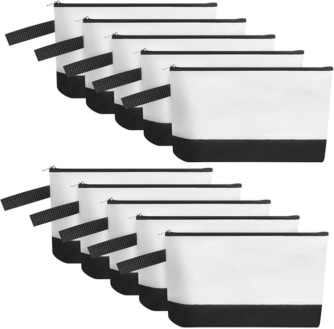 10 Pieces Cotton Canvas Makeup Bag with Bottom and Strap, Multi-Purpose Cosmetic Bag with Zipper Travel Toiletry Pouch, Blank DIY Craft Bag (White&Black, XS)