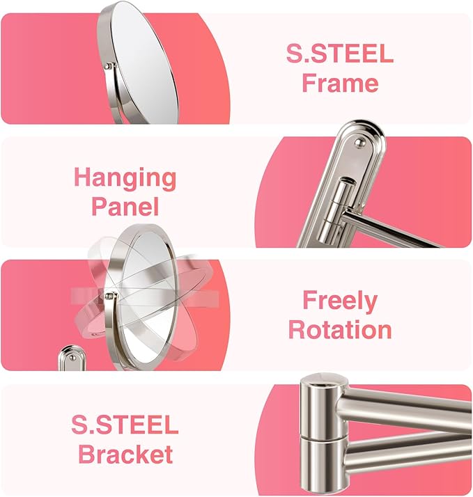 Wall Mounted Makeup Mirror, 10x Magnifying Mirror for Wall,8.5 Inch Makeup Mirror with 3 Color Double Sided 360° Swivel Extendable Bathroom Mirror, Shaving Mirror, Brushed Nickel-No Lights
