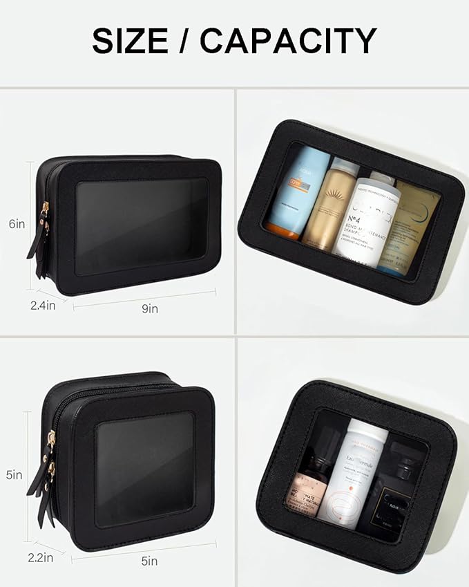 2 Pcs Travel Clear Makeup Bag Set, Clear White Makeup Organizer with Zipper Leather Travel Bags for Toiletries Small Cosmetic Bags for Women Mini Make up Pouch Toiletry Bags Car Essentials