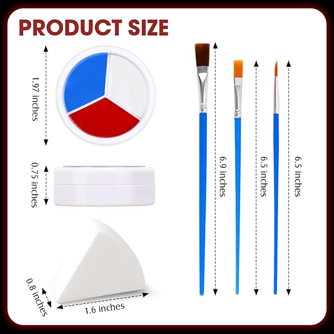 3 Colors Face Body Paint [Blue White Red] + 3pc Sponge + 3pc Brush, USA Themed Accessories Flag Color Eye Black for Sport, Face Paint Halloween Makeup Kit for Clown Vampire Joker Makeup