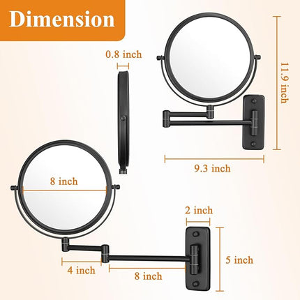DECLUTTR 1X/15X Wall Mounted Makeup Mirror, 8" Double Sided Vanity Magnifying Mirror, 360° Swivel Extendable Bathroom Make Up Mirror, Black