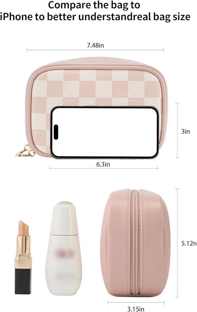 RIGHT AWAY Checkered Makeup Bag for Purse,Small Cosmetic Bag Organizer for Women, Travel Make Up Pouch Waterproof Toiletry Bag Cute Makeup Case for Travel Accessories(Pink Checkerboard)