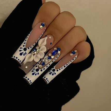 RUOKEXIN Long Nail Press ons Square Press on Nails White French Fake Nails Nude Full Cover False Nails with 3D Flower Butterfly Designs Sparkly Glue on Nails Fall Winter Stick on Nails for Women 24Pcs