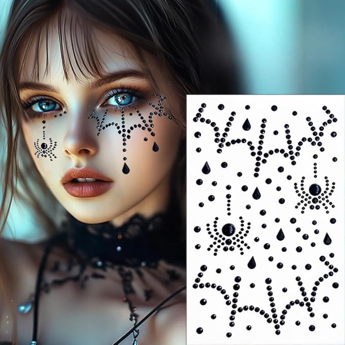 Face Jewels Stick on Face Costume Black Red Gems Self-Adhesive Makeup Halloween Dress Up Rhinestone Stickers for Festival Holiday Party Accessories (blackred_witch)