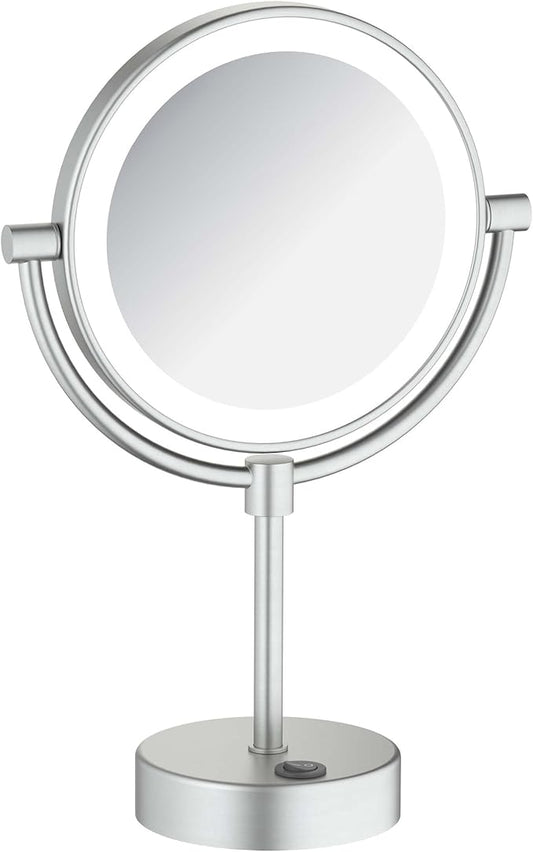 KIBI Circular Lighted Makeup Mirror with LED Lights and Magnification | 360-Degree Swivel with Adjustable Brightness, Dual-Sided Mirror for Desk with 5X Magnification (Brushed Nickel, KMM104)