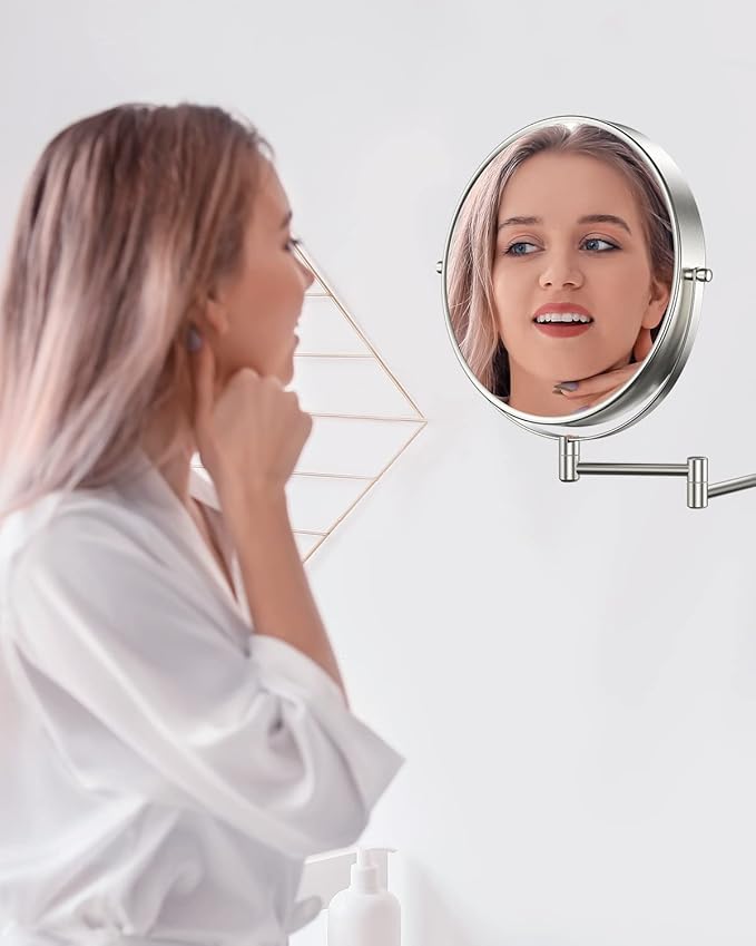Benbilry 9" Large Size Wall Mounted Makeup Vanity Mirror, 1X/10X Magnifying Double Sided Shaving Mirror for Bathroom, 360° Swivel Extendable Arm, Nickel Finish