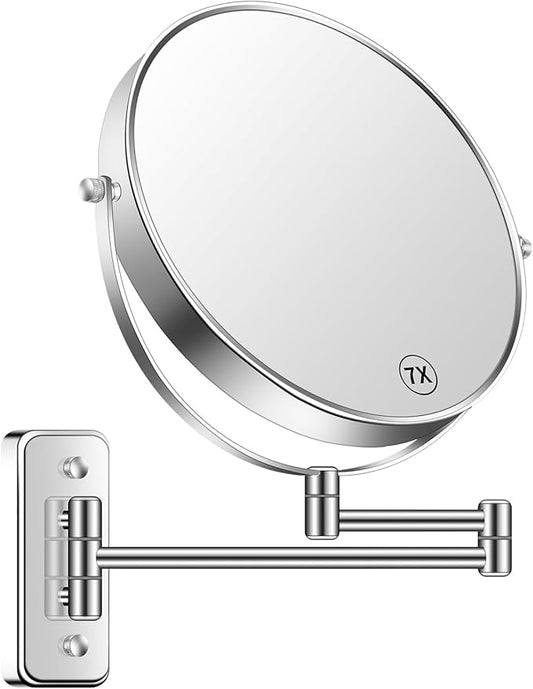 9” Large Wall Mounted Makeup Mirror 1X/7X Double-Side Bathroom Magnifying Mirror 360 Swivel Vanity Mirror Extendable Shaving Wall Mount Cosmetic Mirror for Men and Women, Chrome