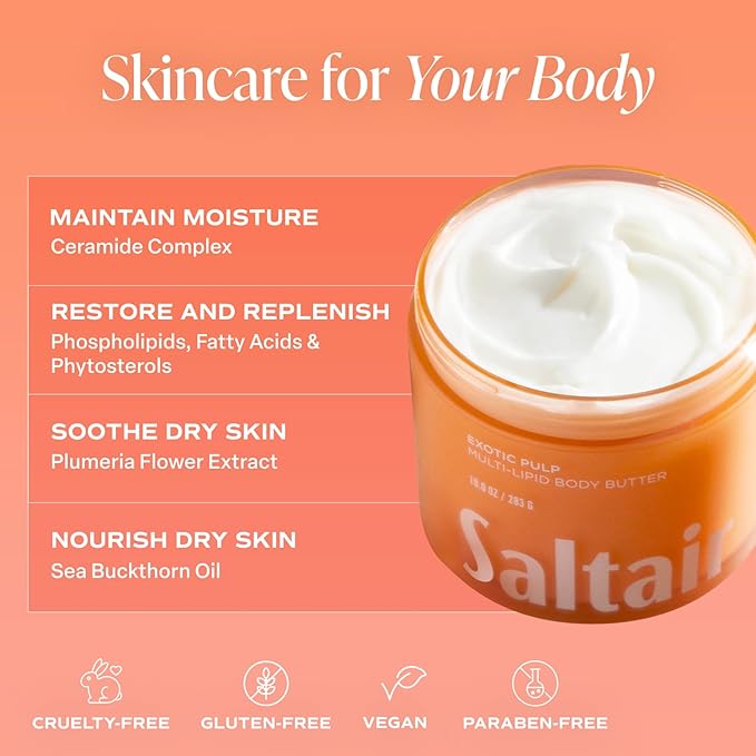 Saltair Multi-Lipid Body Butter - Rich, Nourishing Exotic Pulp Hydrating Body Cream with Ceramide Complex, Coconut Oil, Shea Butter, and Sea Buckthorn. Deep Moisturizing Dry Skin Care. 10oz Jar