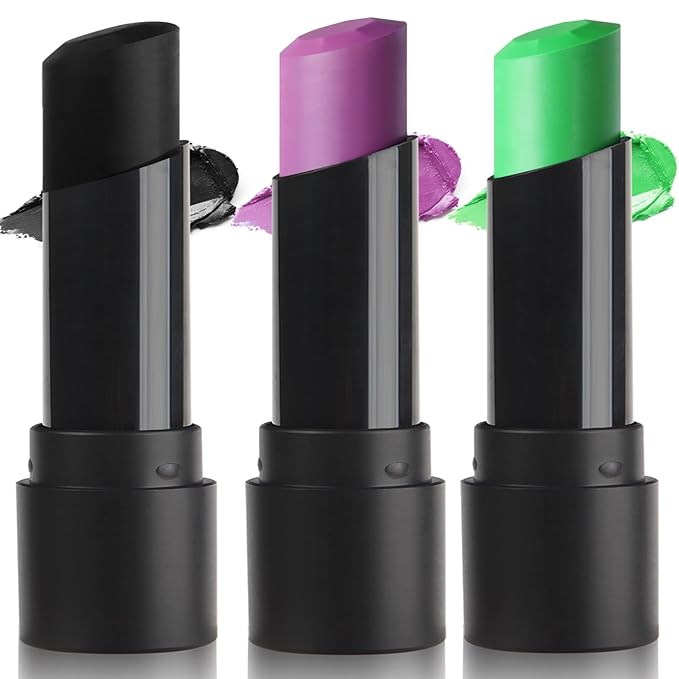 MEICOLY 3PCS Black Purple Lime Green Face Body Paint Stick Set,Face Paint for Halloween Cosplay Frankenstein,Ghost,Zombie SFX Character Makeup,Eye Black Stick Kit