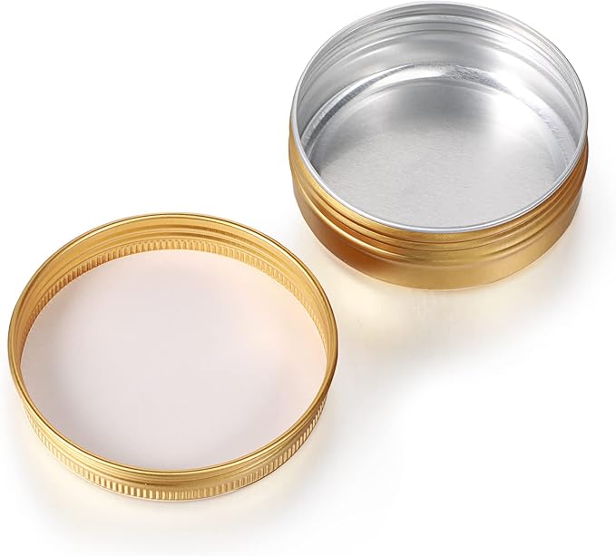 Patelai 2 oz 120 pcs Metal Round Tins Aluminum Tin Cans Salve Tins Containers with Screw Lid 20 Sheets Stickers for Salve Spice Candies Balms Candles(Gold)