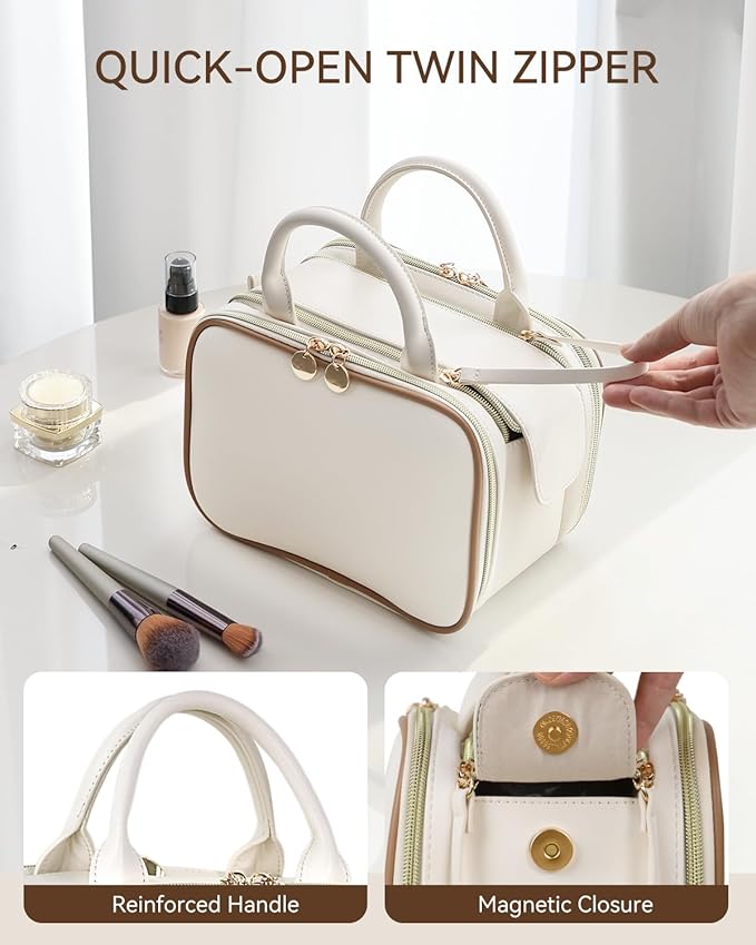 Prite Makeup Bag for Women, Large Capacity Waterproof Travel Cosmetic Organizer, Portable Open Flat Toiletry Bag with Free-standing Brush Holder and Handle(Beige Medium)