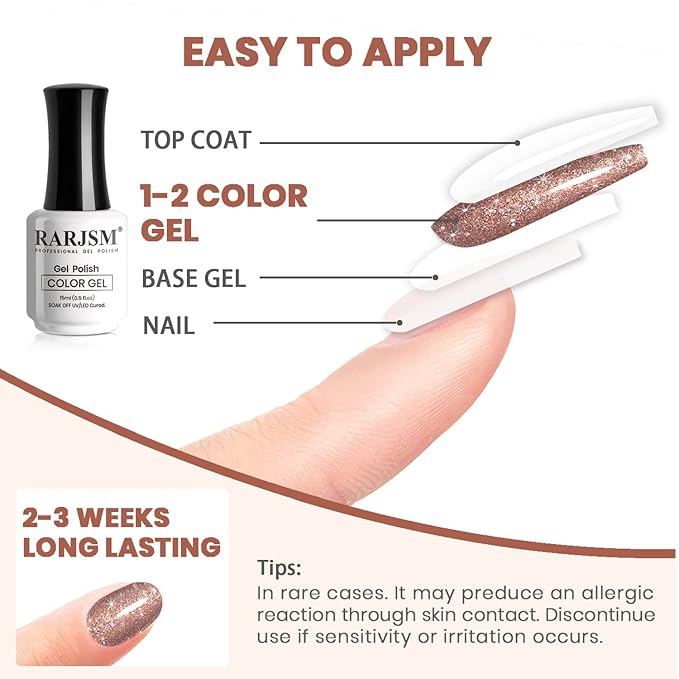 RARJSM Glitter Gel Nail Polish Rose Gold Sparkly Iridescent Rainbow Shimmer Metallic Pink Holographic Nail Gelpolish Soak off L e d U V Curing Required High Pigments for Home Manicure Nail Art 15ml