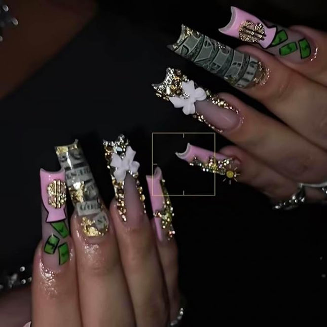 RUOKEXIN Square Press on Nails Long Fake Nails French Tip False Nails with 3D Bow Designs Long Nail Press ons Sparkly Artificial Nails Rhinestones Glue on Nails Cute Stick on Nails for Women 24Pcs