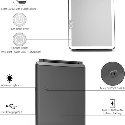 WEILY Portable Travel Mirror Makeup Mirror with 72 LED Lights, Touch Screen Three Colors Dimmable,Ultra Thin, 2000 mAh USB Rechargeable Foldable Cosmetic Mirror（Black）