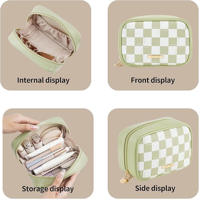RIGHT AWAY Checkered Makeup Bag for Purse,Small Cosmetic Bag Organizer for Women, Travel Make Up Pouch Waterproof Toiletry Bag Cute Makeup Case for Travel Accessories(Green Checkerboard)