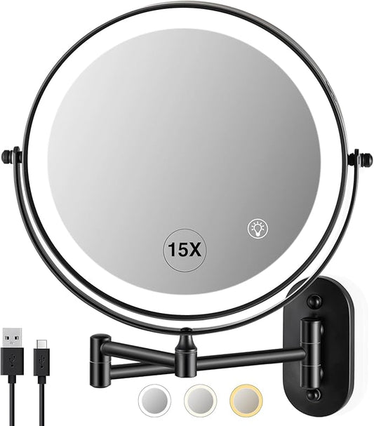 Magnifying Mirror with Lights 1x/15x Rechargeable: 8.5 inch Wall Mounted Lighted Makeup Mirror for Bathroom